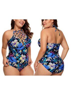 Tahiti Women's Blue/Multi One-Piece Lattice Front Halter Floral Bikini M(8-10)